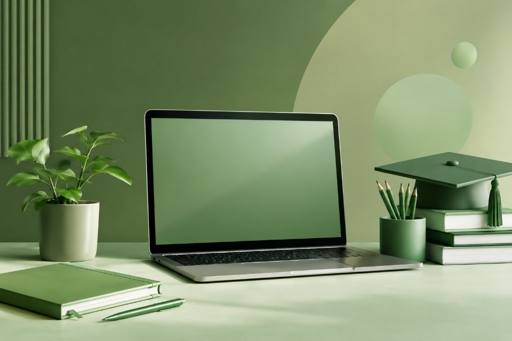 میز کار آموزش دیجیتال — لپ‌تاپ، کتاب و کلاه فارغ‌التحصیلی